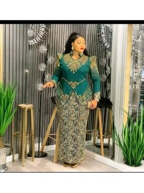 Emerald Green & Gold Embroidered Evening Dress